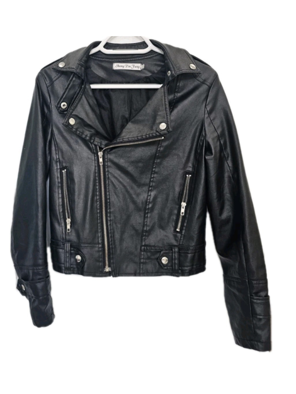 Women’s Black Faux Leather Moto Jacket Cropped Biker Zip Up Punk Rock Size S - Picture 5 of 16